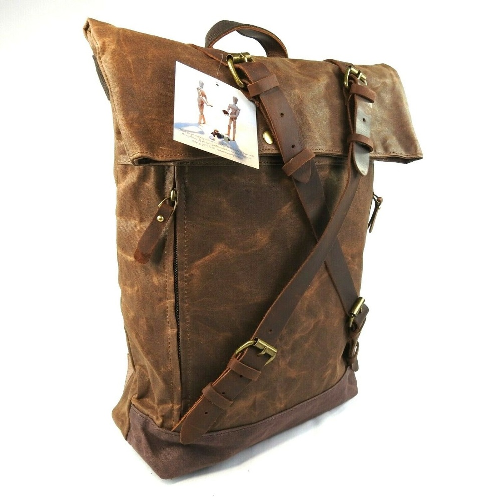 Waxed Canvas With Leather Trim Roll Top Backpack - Picture 3 of 8